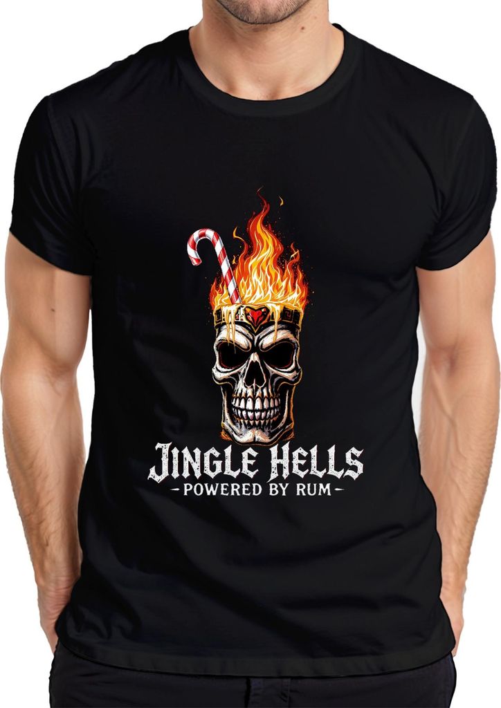 Jingle Hells Powered by Rum Totenkopf Weihnachten Flammen lustig Herren T-Shirt, Schwarz, M