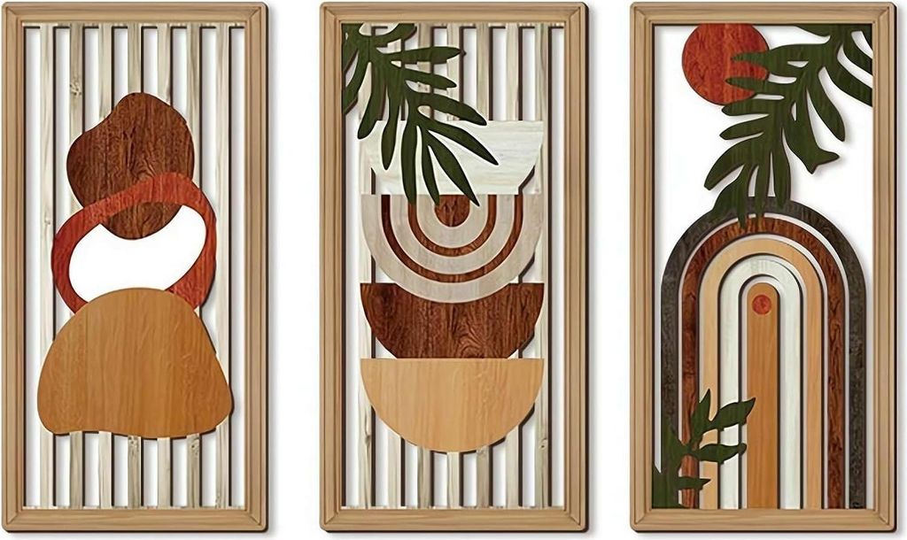 MODFU Wandskulpturen 3-teilig, Boho Holz Wanddekoration – Geometrisches Blatt-Motiv, Hängendes Holzschild mit filigranen Ausschnitten, Skandinav...