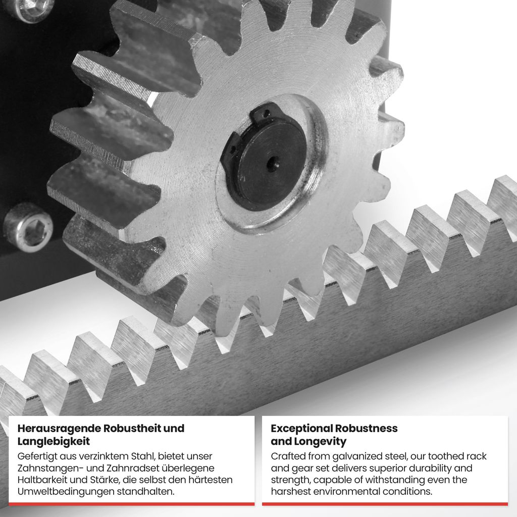 Close-up of a toothed rack and gear set, with text describing its features.