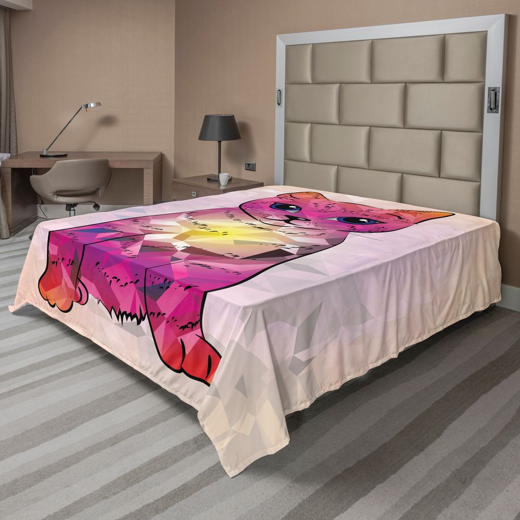 ABAKUHAUS Katze Bettlaken, Geometrc Digital Color Künstlerische Katze Mit Technologischen Mustern Little Retro Art, weiches bequemes oberes Bettla...