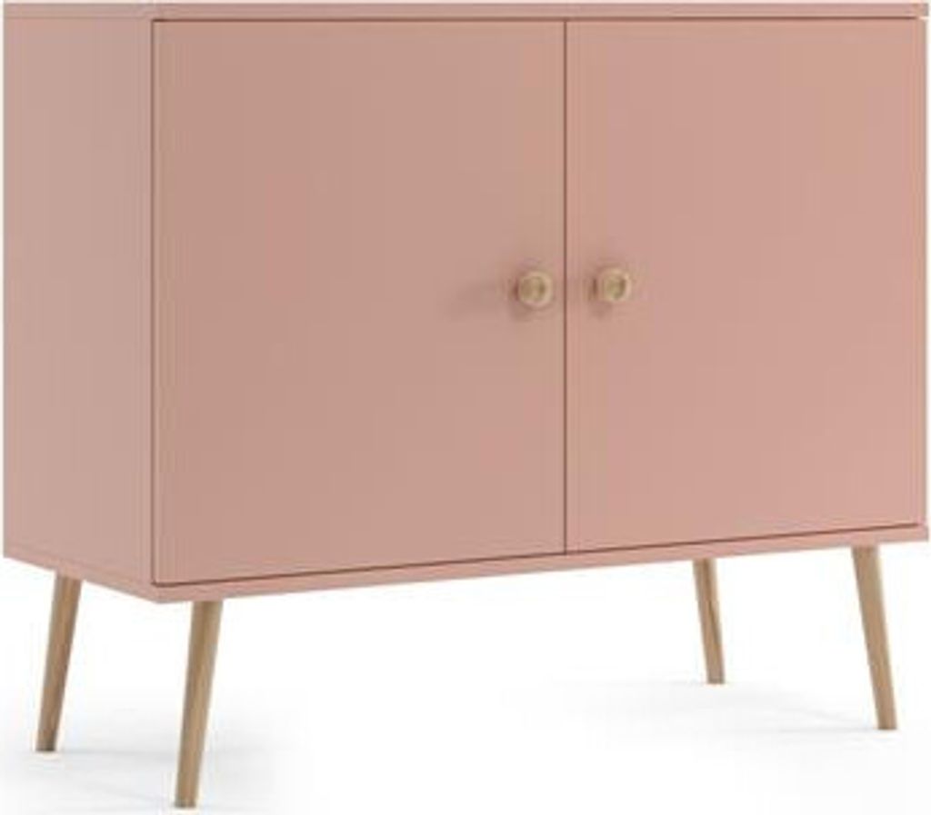 A pink sideboard with wooden legs and jute handles against a white background.