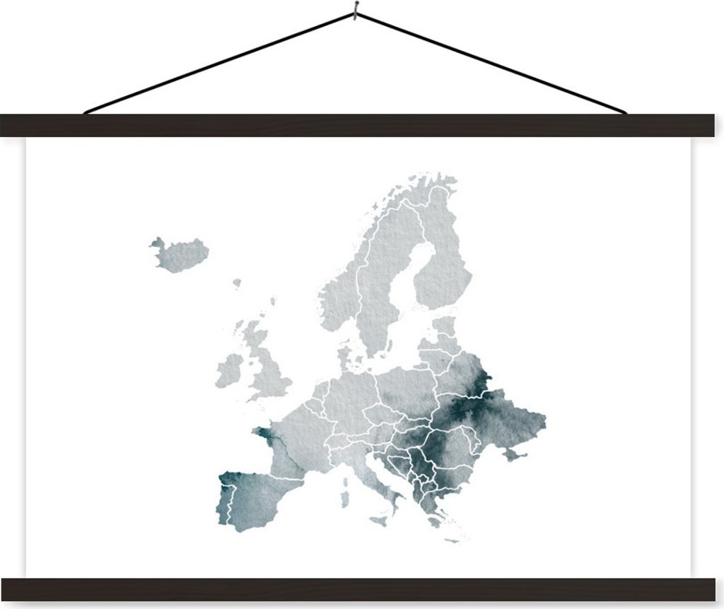 MuchoWow Textilposter Karte von Europa - Aquarell - Grau 60x40 cm mit schwarzem Rahmen - Hölzernes