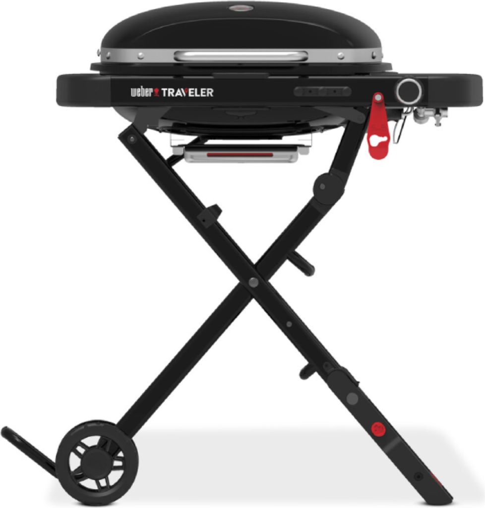 A black Weber Traveler grill is shown on a white background, with its legs extended and wheels visible.