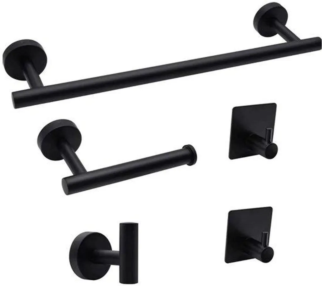 Kit salle de bain inox noir 5 éléments fixation murale invisible - Design