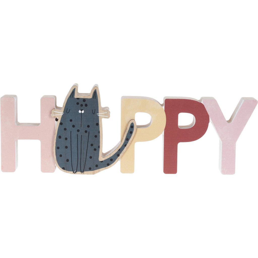 Deko für Kinderzimmer, Buchstaben HAPPY mit Katze, Holz, 28 x 2,5 x 12 cm