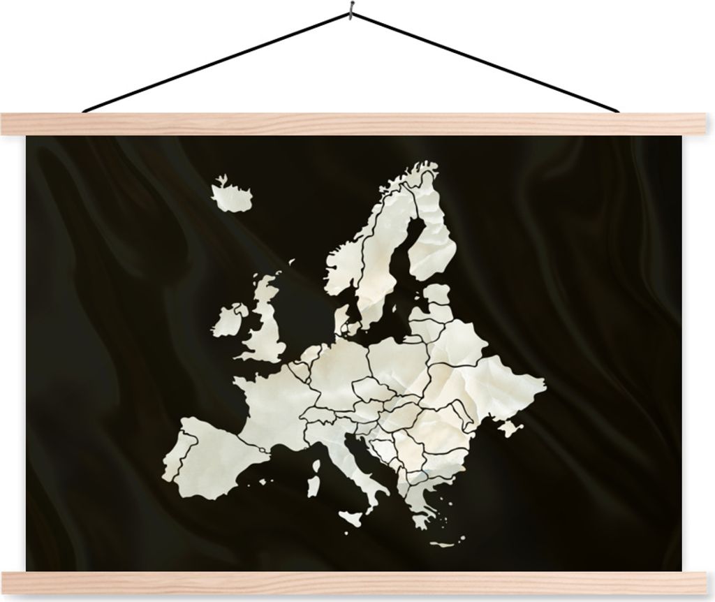 MuchoWow Textilposter Karte - Europa - Schwarz 120x80 cm mit holzfarbenen Rahmen - Aufhängeset