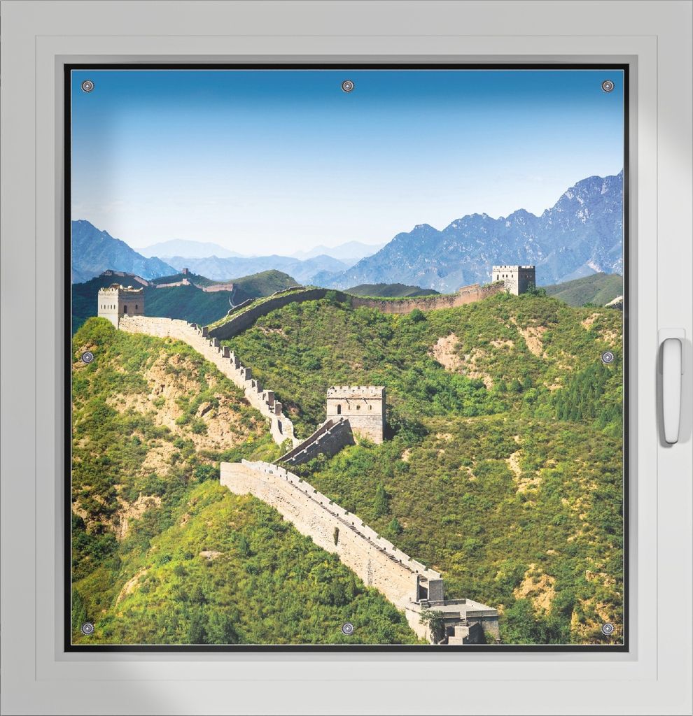 Wallario Lichtschutzbild, Dekorativer Sichtschutz Sonnenschutz 96 x 100 cm mit Motiv: Die Chinesische Mauer - Wahrzeichen in China im Sommer - Verd...
