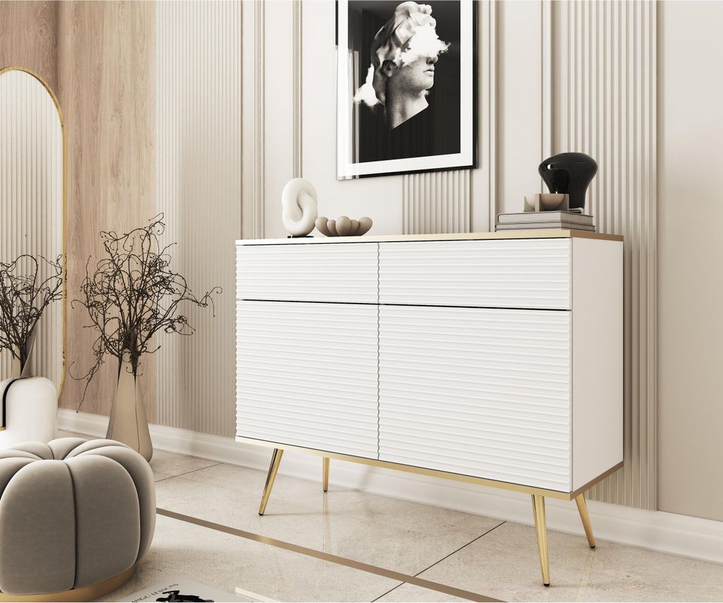2-türig Kommode Gloss im glamour Stil Sideboard mit gerilltem Fronten Schrank mit Regalen und Schubladen modern Sideboard mit goldenen Zusätzen, ...