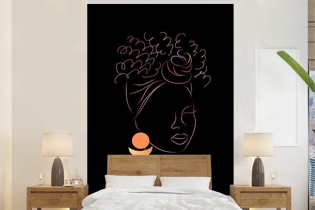 MuchoWow Fototapete für Wohnzimmer oder Schlafzimmer Wandtapete Vinyl Motivtapete Frau - Schwarz und Gold - Strichzeichnung - 195x300 cm - Das H...