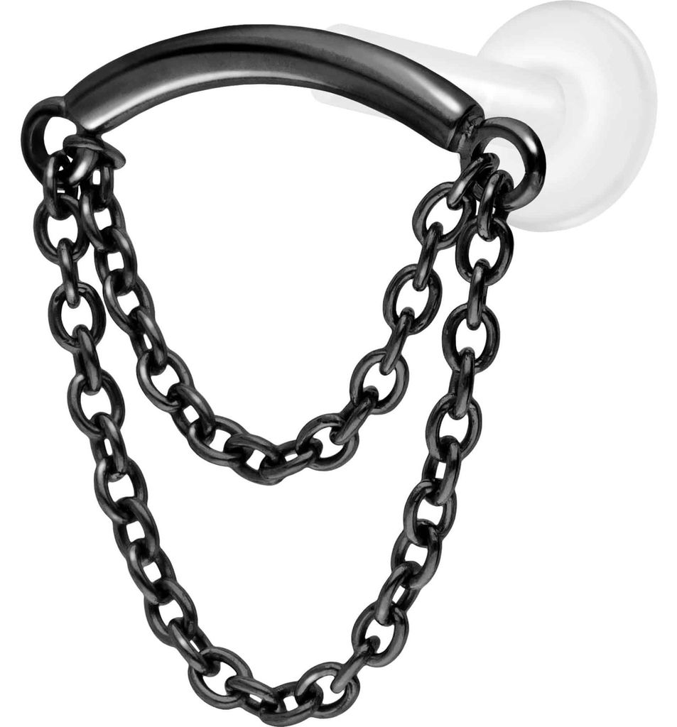Ohrpiercing, Nasenpiercing PTFE Labret mit Innengewinde + Titan-Aufsatz BOGEN + 2 KETTEN Schwarz Stablänge: 8mm | Stabstärke: 1,6mm