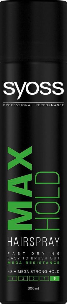 A black can of Syoss Max Hold Hairspray with green and white text.