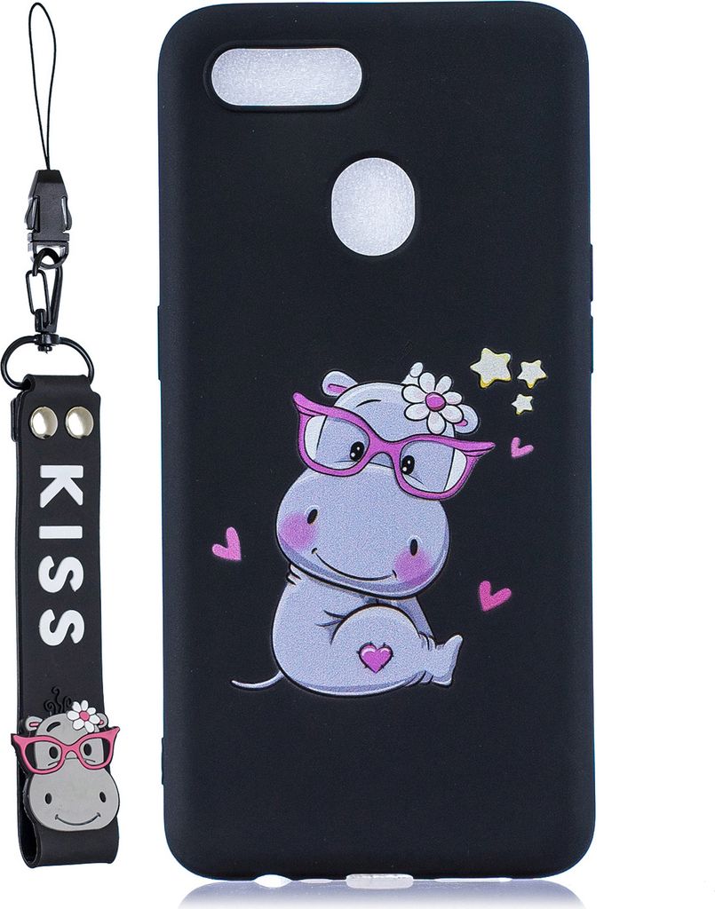 Für OPPO A7 Cartoon Lovely Coloured Painted Soft TPU Rückenbezug rutschfest Full Protective Case mit Lanyard schwarz