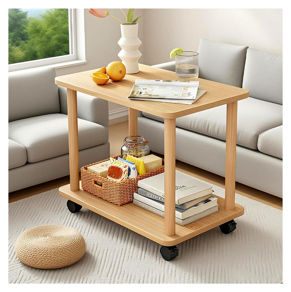 Beistelltisch aus Holz, 360 ° drehbar, 2 Ebenen, mit Ablage, kleine Wohnzimmertische mit Rollen, moderner Couchtisch, schmaler Schreibtisch für k...