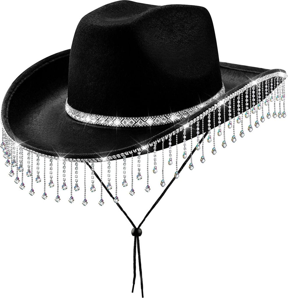 Cowgirlhut mit Strass-Quastendekor, Country-Musik-Party-Kopfbedeckung, breitkrempiger Filzhut, Western-Cowboykappe mit Gürtelschnalle für Partys ...