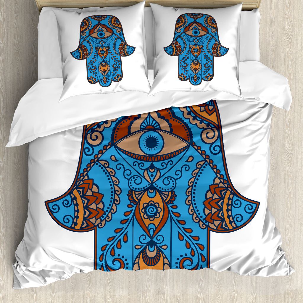 ABAKUHAUS Hamsa Bettbezug, Curly Paisley Weinlese-Augen, Milbensicher Allergiker geeignet mit Kissenbezügen, 200 cm x 200 cm - 80 x 80 cm, Blau Br...