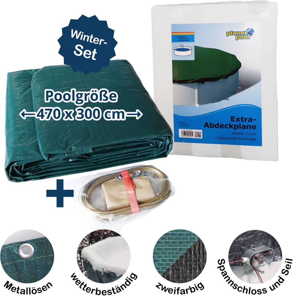 A product image showing a folded pool cover, accessories, and packaging with descriptive text and icons.