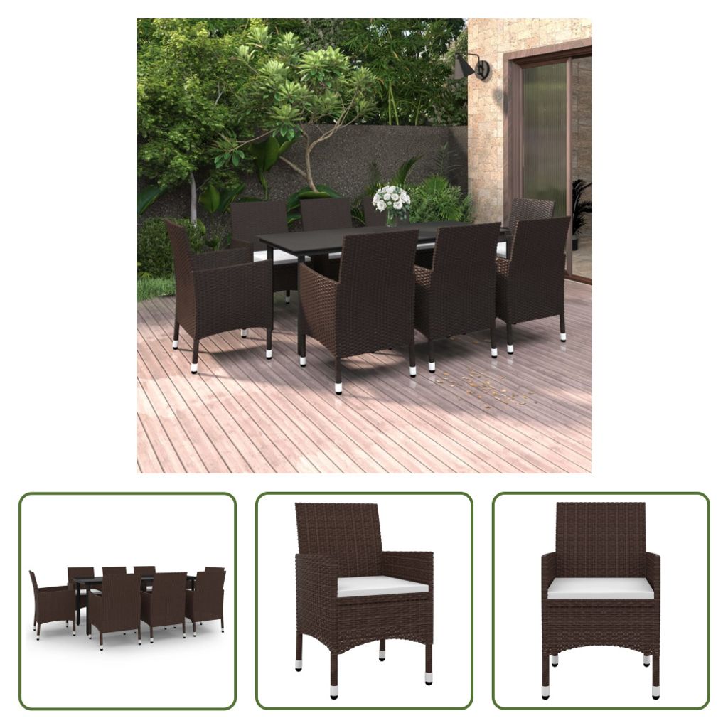 The Living Store 9-tlg. Garten-Essgruppe mit Auflagen Poly Rattan und Glas