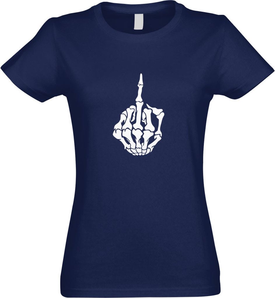 Kiwistar - T-Shirt tailliert - Damen - Navy - Mittelfinger Skelett Hand - mit Motiv Bedruckt - Funshirt Design - Sport - Freizeit - Damen - XL