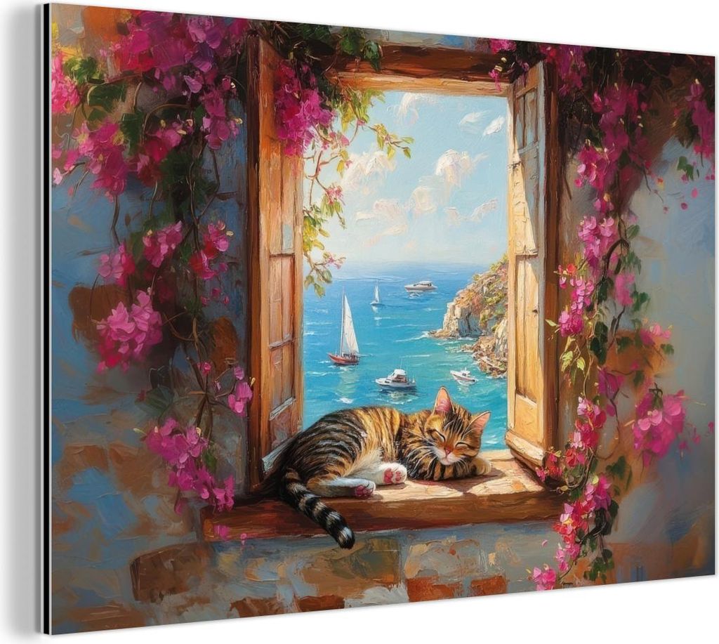 MuchoWow Wanddekoration Metall Metallbild Wandkunst 90x60 cm Katze - Blaues Meer - Rosa Blumen MuchoWow Aluminium Gemälde - Wandbilder