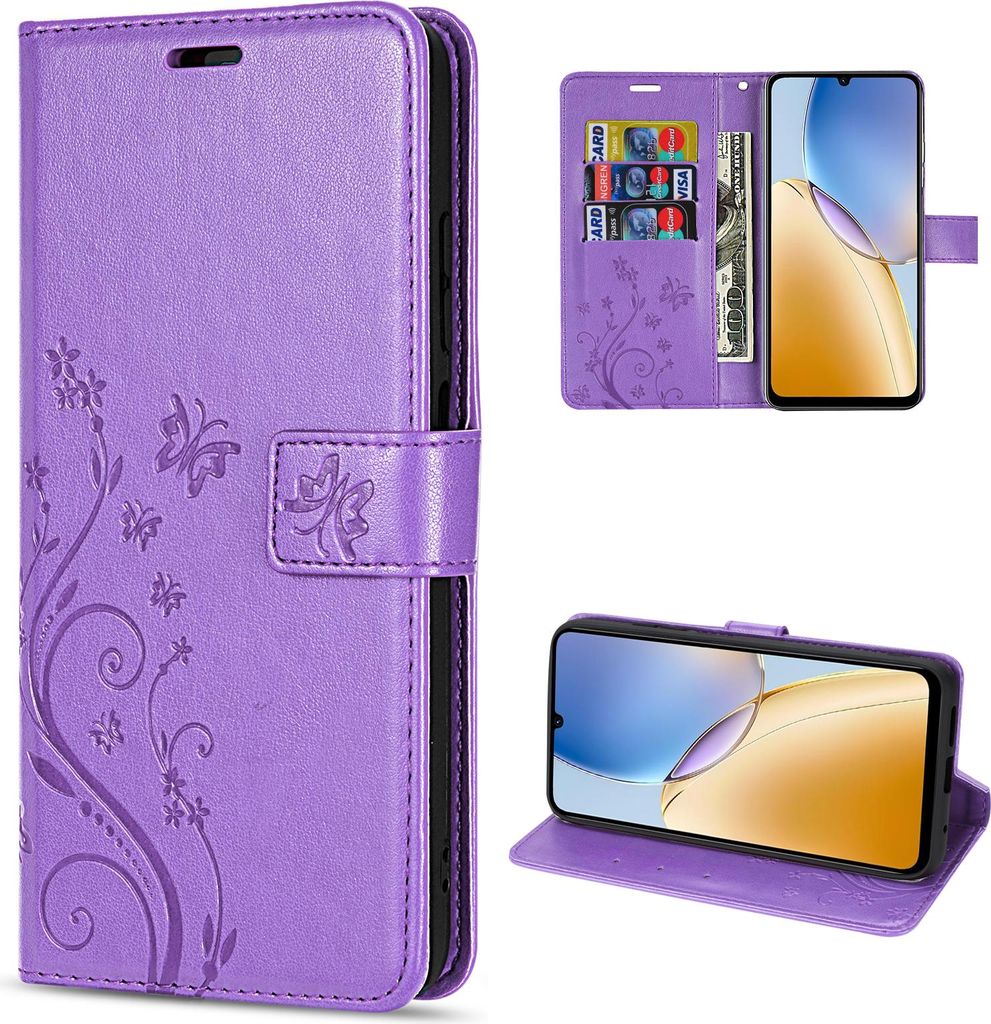 A collage of images showing a purple flip phone case with a floral and butterfly design, including views of the case open with cards and cash, and the case standing up.