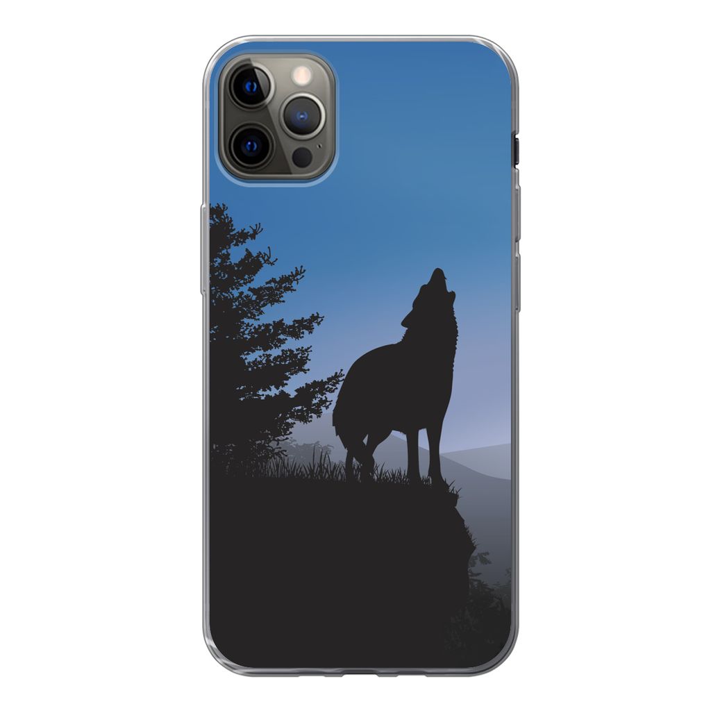 MuchoWow Handyhülle Schutzhülle Hülle für iPhone 12 Pro Max Wolf - Bäume - Scherenschnitt Silikon Softcase Handy Hülle - Hartschale
