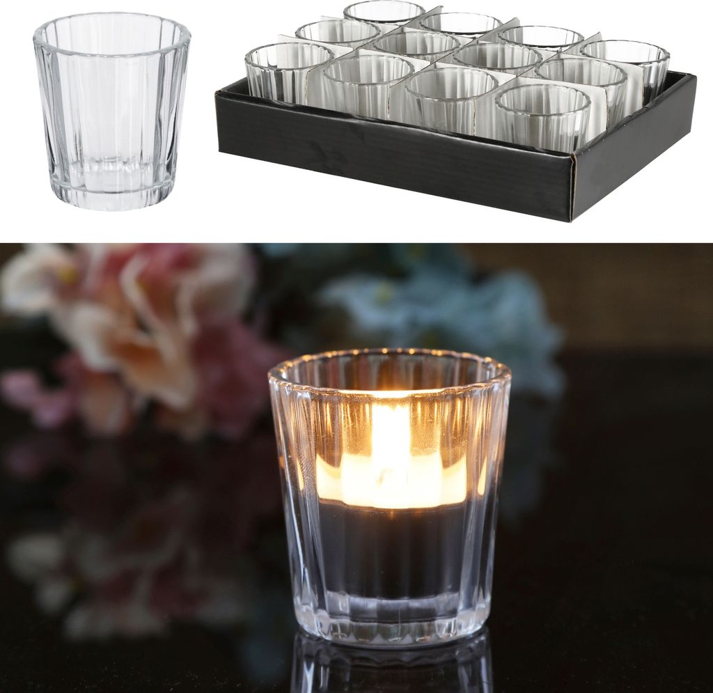 12 x Windlchter aus Glas H 6 cm - Glaswindlichter klein 12er Set - Teelichtgläser klein Set - Tischdeko kleine Teelichthalter aus Glas