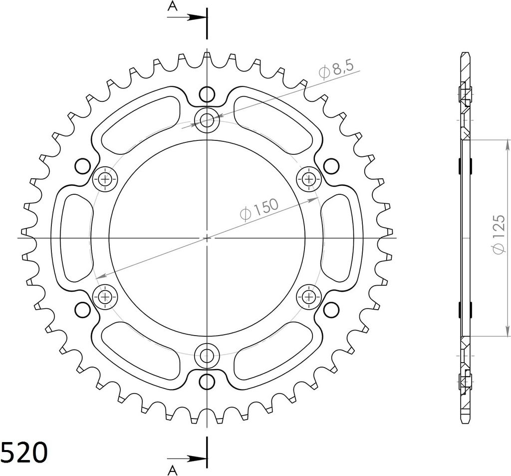 Stealth-Kettenrad Supersprox 520 - 45Z (schwarz) RST-990:45-BLK|ID 125,0 LK 150,0 6-Loch