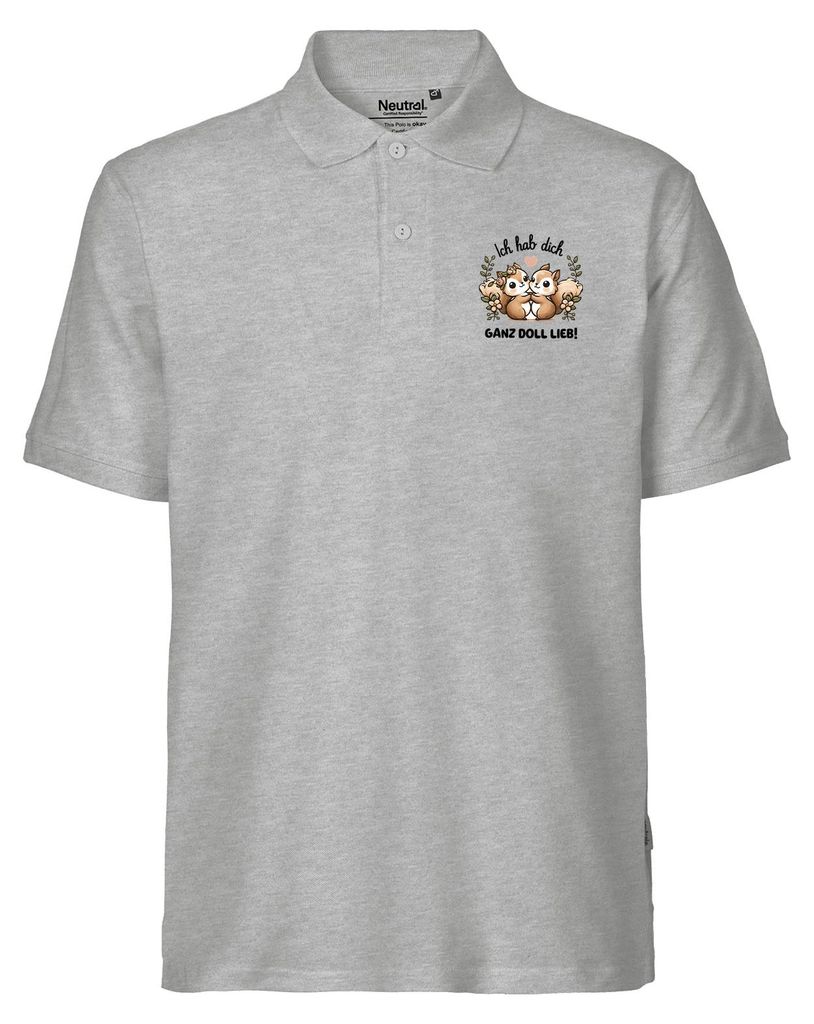 Huuraa Herren Polo Shirt Ich hab dich ganz doll lieb Einchhörnchen M Sport Grey Bio Baumwolle Fairtrade Poloshirt Geschenkidee