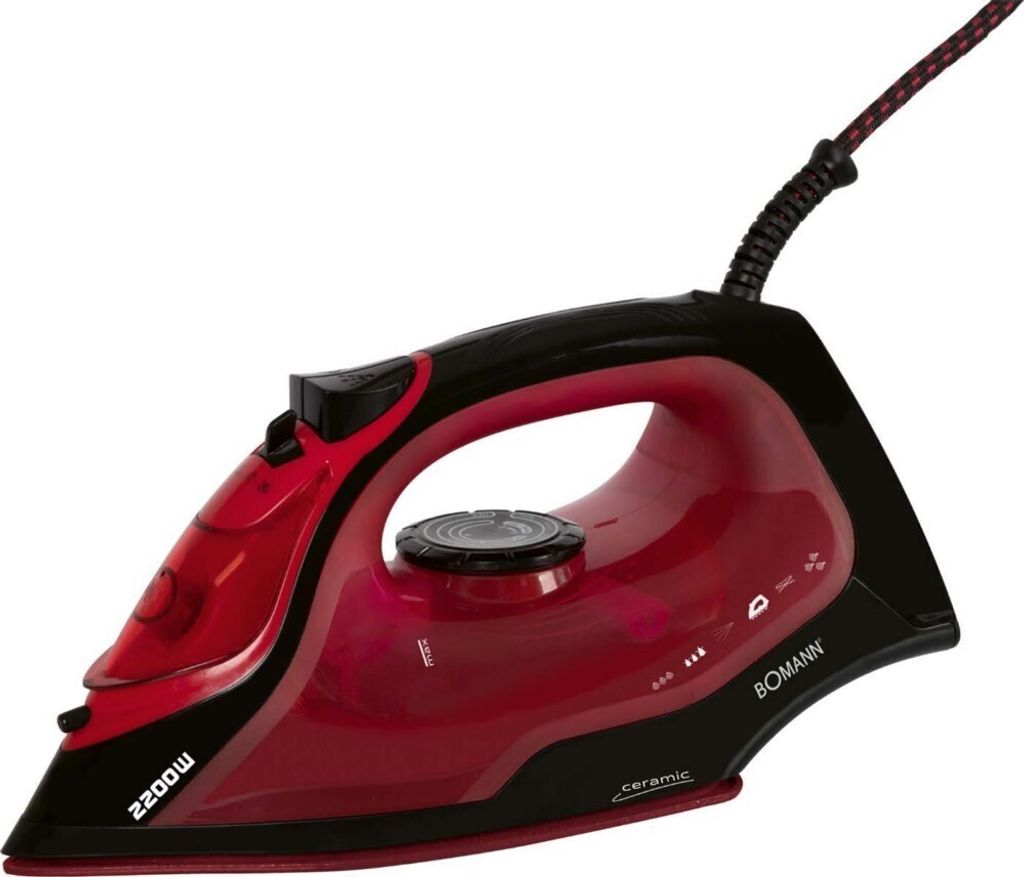 A red and black steam iron against a white background.