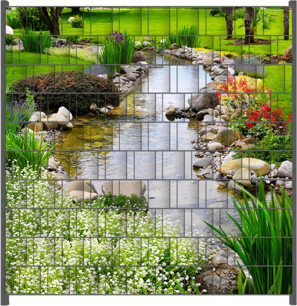 Wallario Zaunsichtschutz mit Motiv Blumen am Teich für Ein- und Doppelstabmatten Zäune in der Größe 200 x 200 cm