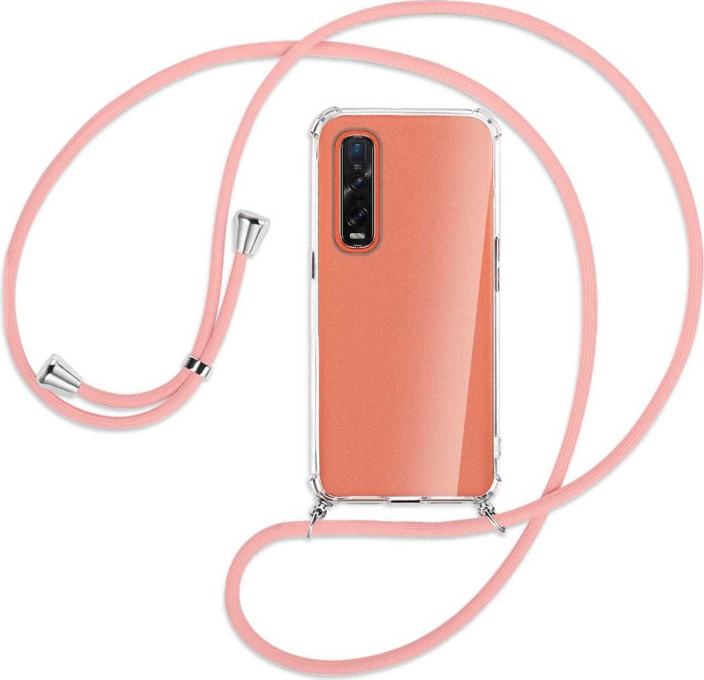 Handykette Backcover-Schutzhülle mit Band (Metall silberfarben) für Oppo Find X2 Pro - rosa