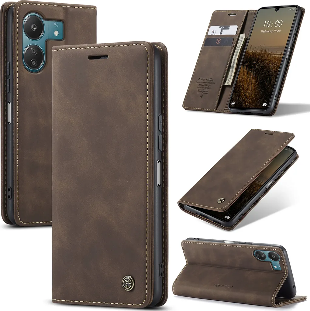 Custodia Xiaomi Redmi 13C / Poco C65 in Pelle Retro con Stand - Marrone