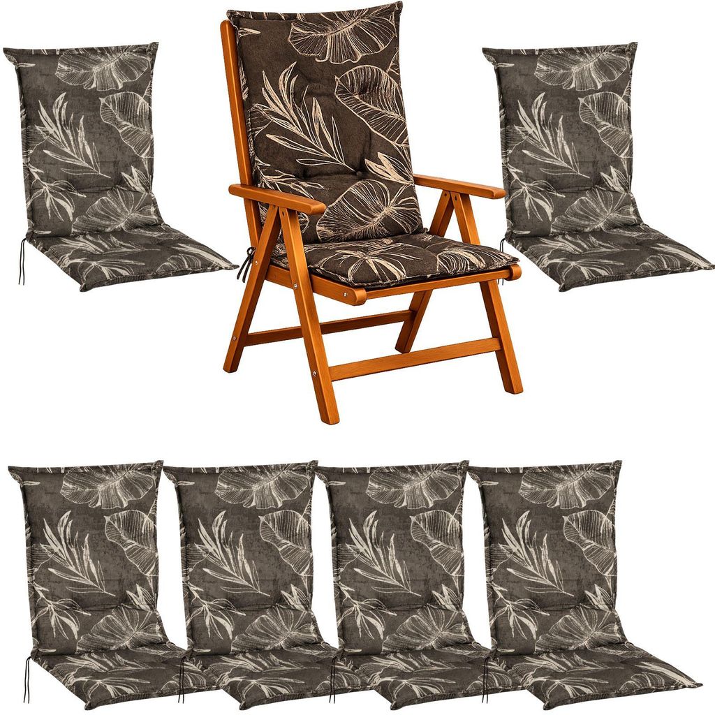 BURI 6x Hochlehner Auflage 117x49x6 cm - wetterfeste Gartenstuhlauflage mit Schaumkern & Vollvlies, Halteband & Bindebänder, bequemes Stuhlpolster...