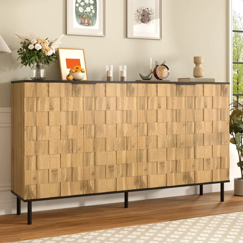 Buffet aspect bois avec pieds métal noir et motif mosaïque graphique