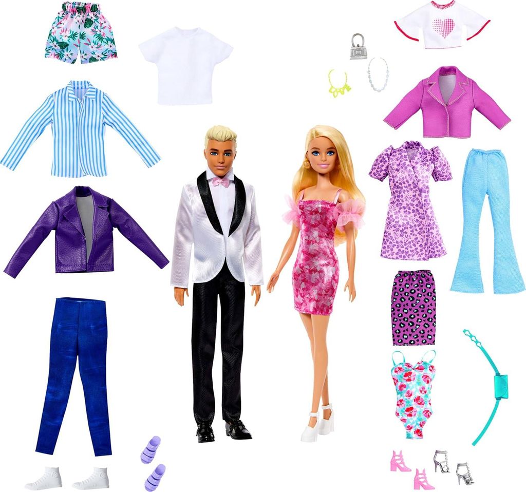 Barbie Ken-Puppen-Set mit 2 modischen Puppen Kleidung + Accessoires Kleider 3+