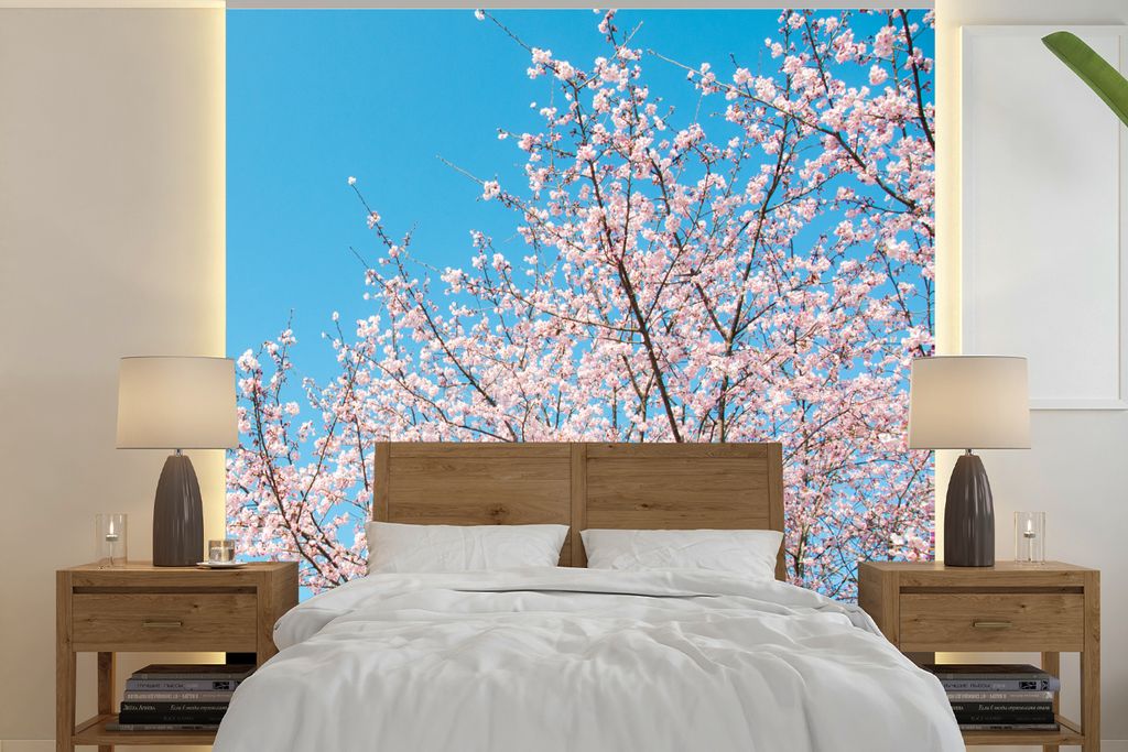 MuchoWow Fototapete für Wohnzimmer oder Schlafzimmer Wandtapete Vinyl Motivtapete Kirschbaum - Japan - Blüte - 350x350 cm - Schlafzimmertapete