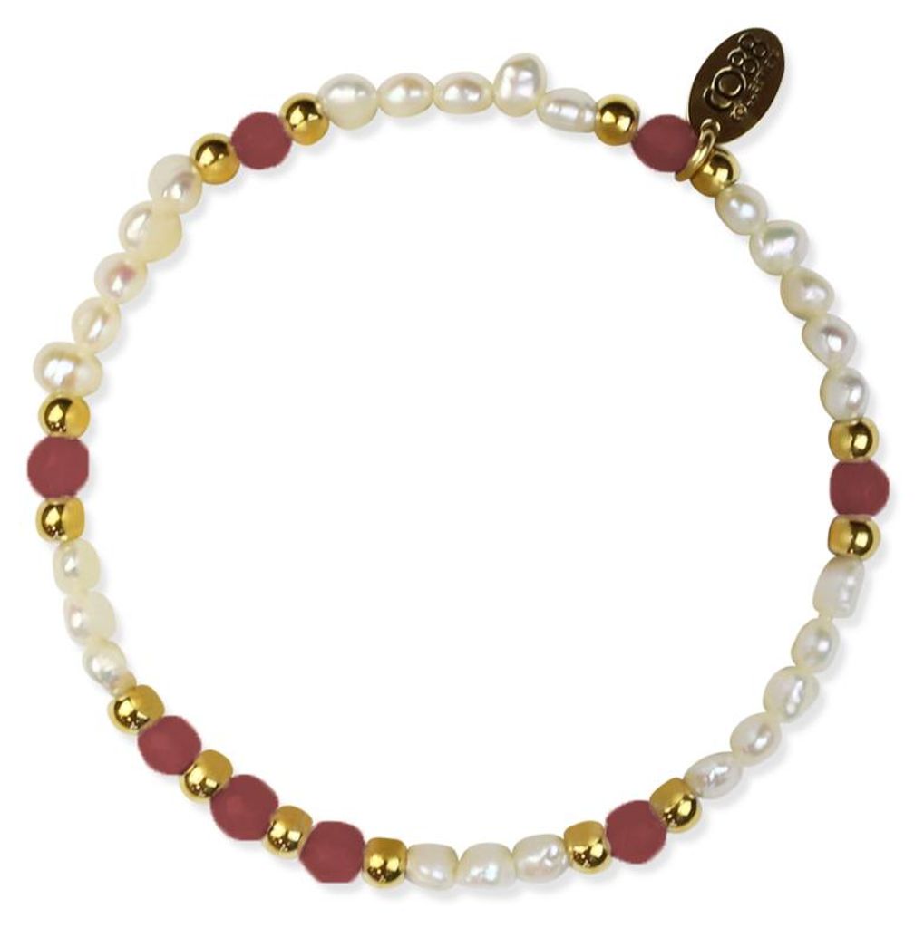 CO88 Collection 8COSAM-220077 Parelarmbandje met Rode Kralen - 5 mm Dikte - Rekbaar - Goudkleurig