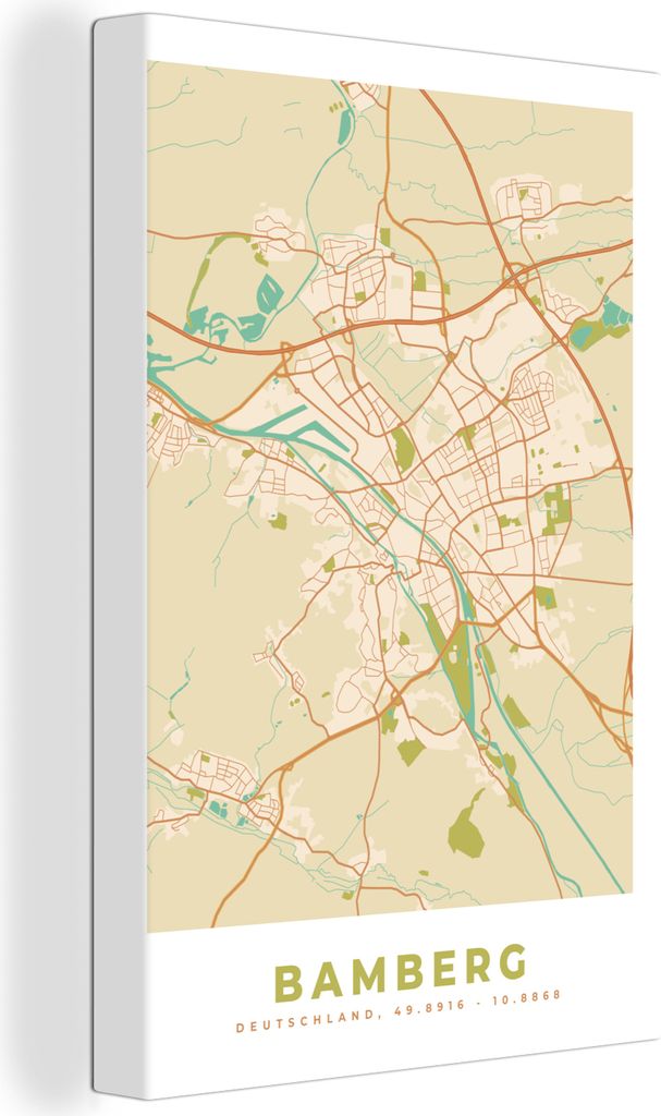 OneMillionCanvasses - Leinwandbilder - 90x140 cm, Bamberg - Karte - Stadtplan - Vintage, Wandbilder Kunstdruck Wanddekoration - Foto auf Leinwand...