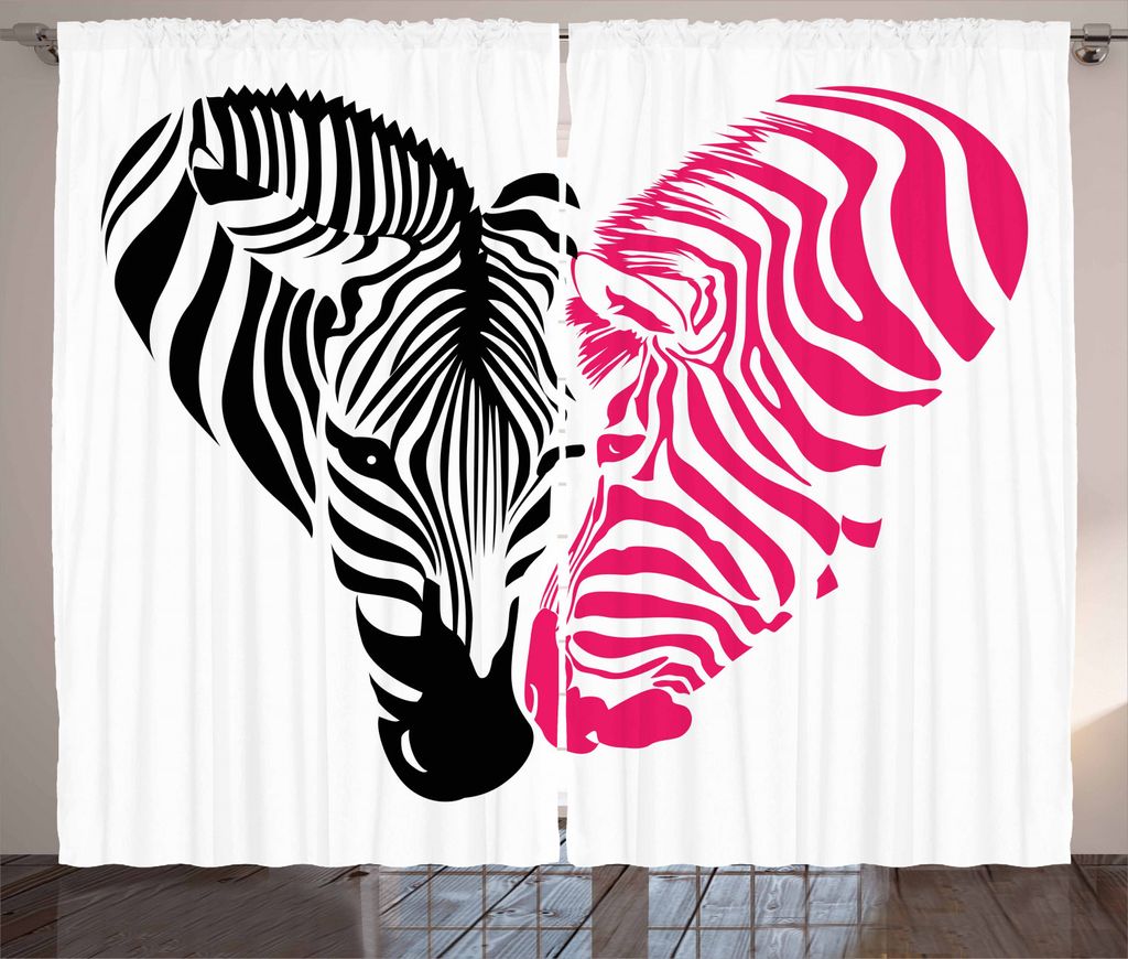 ABAKUHAUS rosa Zebra Rustikaler Gardine, Afrikanische Paar-Liebe, Schlafzimmer Kräuselband Vorhang mit Schlaufen und Haken, 280 x 225 cm, Weiß Sc...
