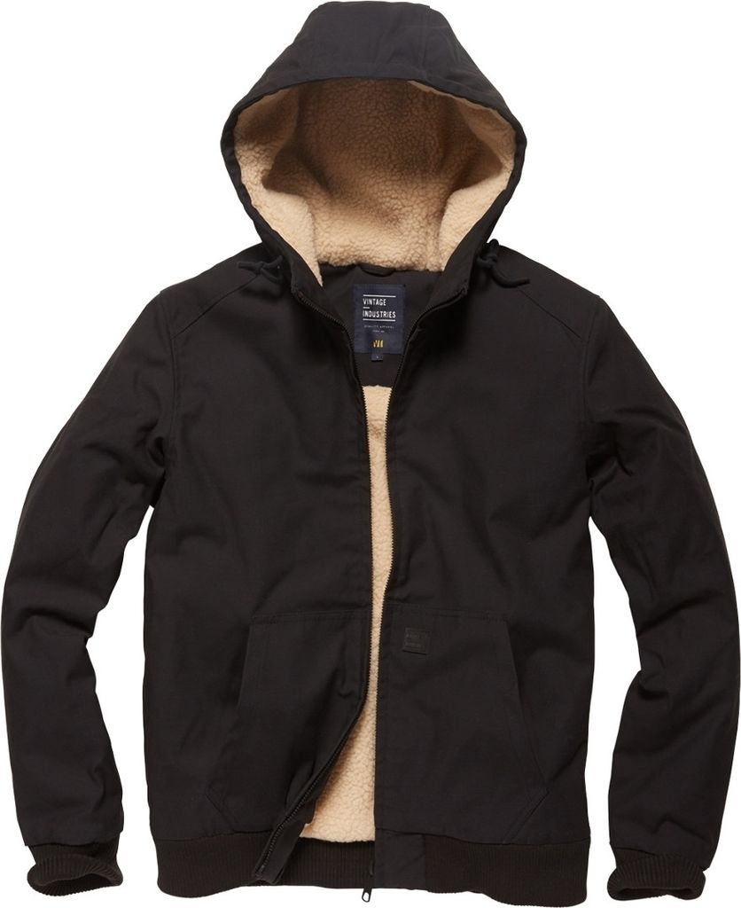 A black hooded jacket with a tan sherpa lining is shown against a white background.