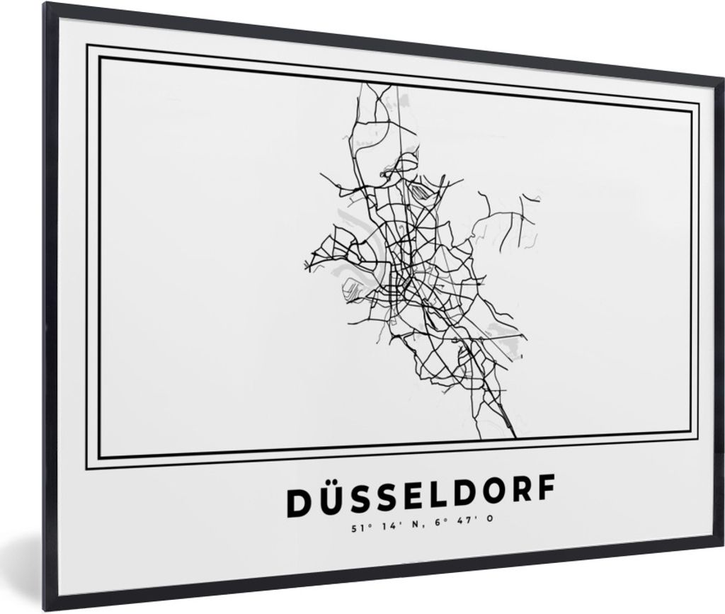 MuchoWow Gerahmtes Poster Stadtplan - Schwarz-weiß - Karte - Düsseldorf - Deutschland 90x60 cm - Poster mit Schwarzem Bilderrahmen Wandposter R...