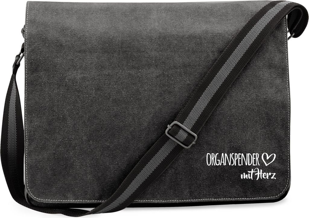 Huuraa Umhängetasche Organspender mit Herz 14 Liter Black Canvas Laptoptasche Geschenkidee