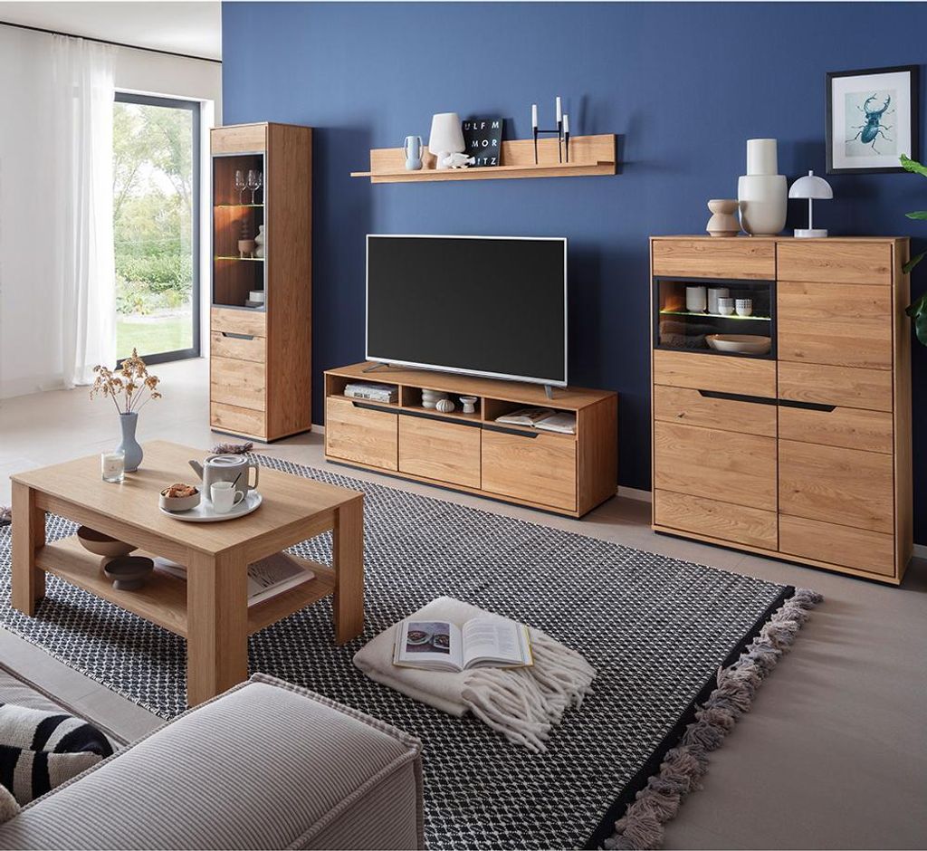 Wohnmöbel Set in Eiche teilmassiv mit Couchtisch & LED-Beleuchtung, 5-teilig - AVESTA-06