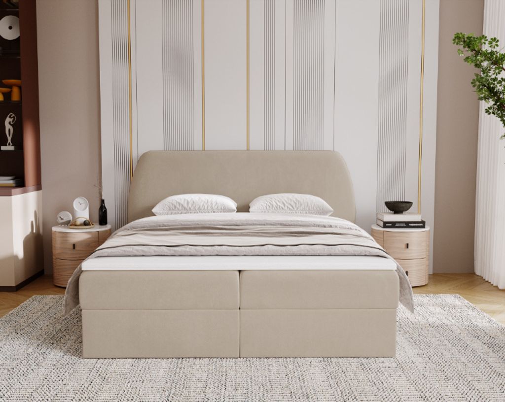 Kaiser Möbel Schlafzimmerbett Bloom mit abgerundetem Kopfteil, Stoff Komodo Dunkelbeige 180x200 cm