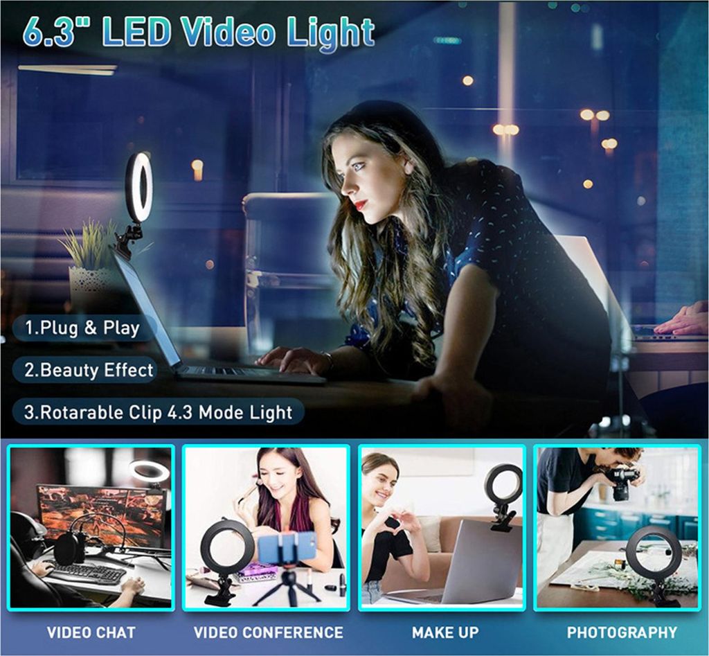 6inches LEDs Selfie Ring Licht mit Klemme USB betrieben 3 Farben Temperaturwechsel / 3 Stufen dimmbar Helligkeit einstellbar & Beleuchtungswinkel e...
