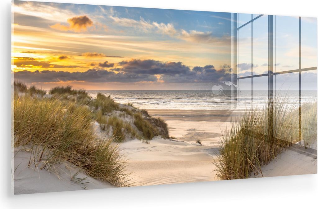 MuchoWow Glasbilder - Bilder auf Wandbild - Foto auf Glas Strand - Düne - Gras - Sonnenuntergang - Meer 80x40 cm Wanddekoration aus Glas - Acrylgl...