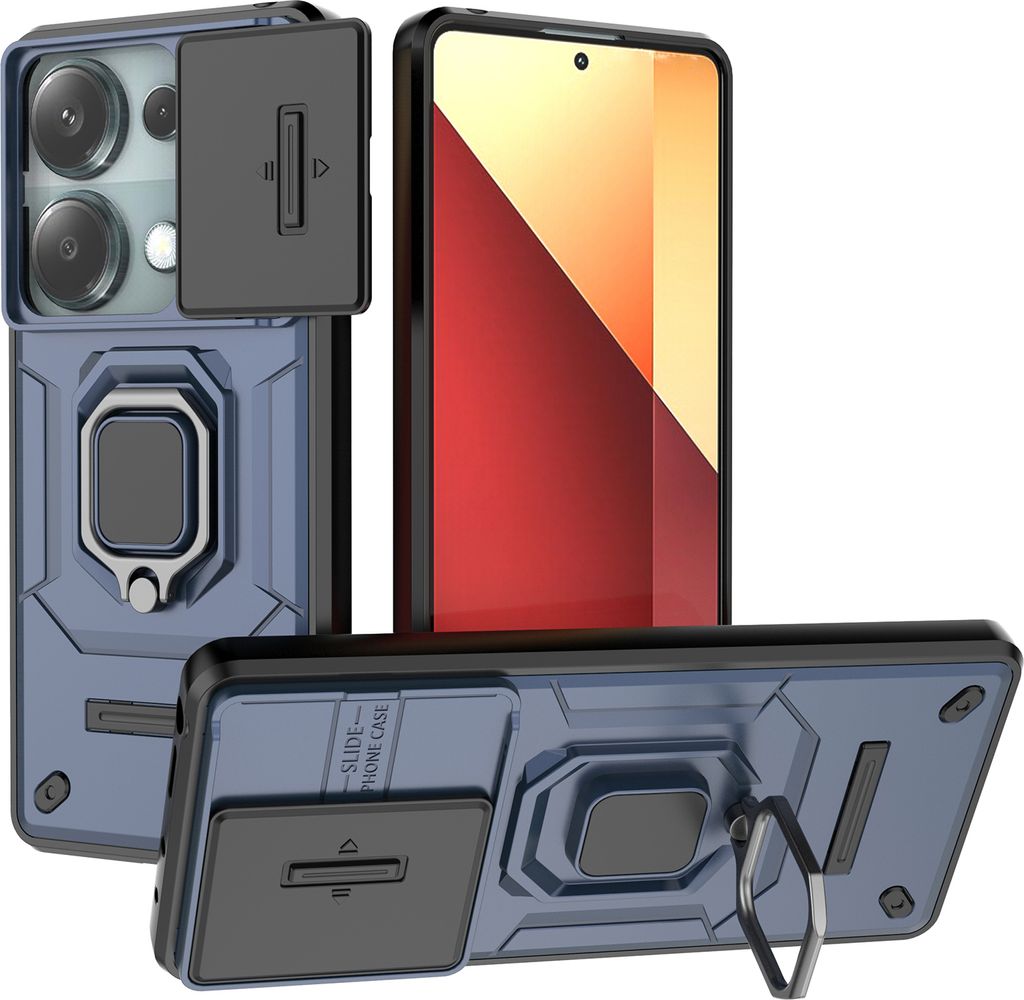 Hülle für Xiaomi Poco M6 Pro 4G/Redmi Note 13 Pro 4G Dual Layer Handyhülle Schiebe Kamera Schutz und Ringhalter Ständer Blau