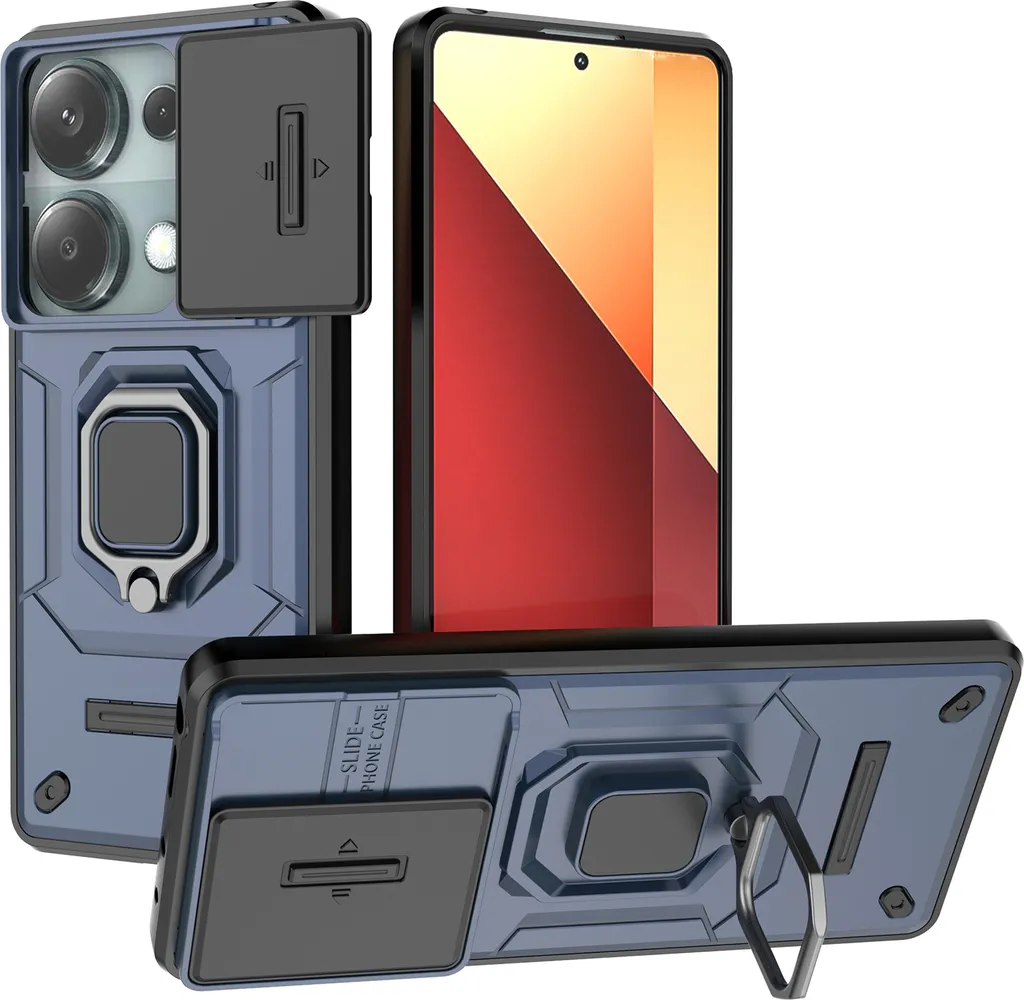 Custodia per Xiaomi Poco M6 Pro 4G/Redmi Note 13 Pro 4G a doppio strato con protezione scorrevole della fotocamera e supporto ad anello, supporto blu