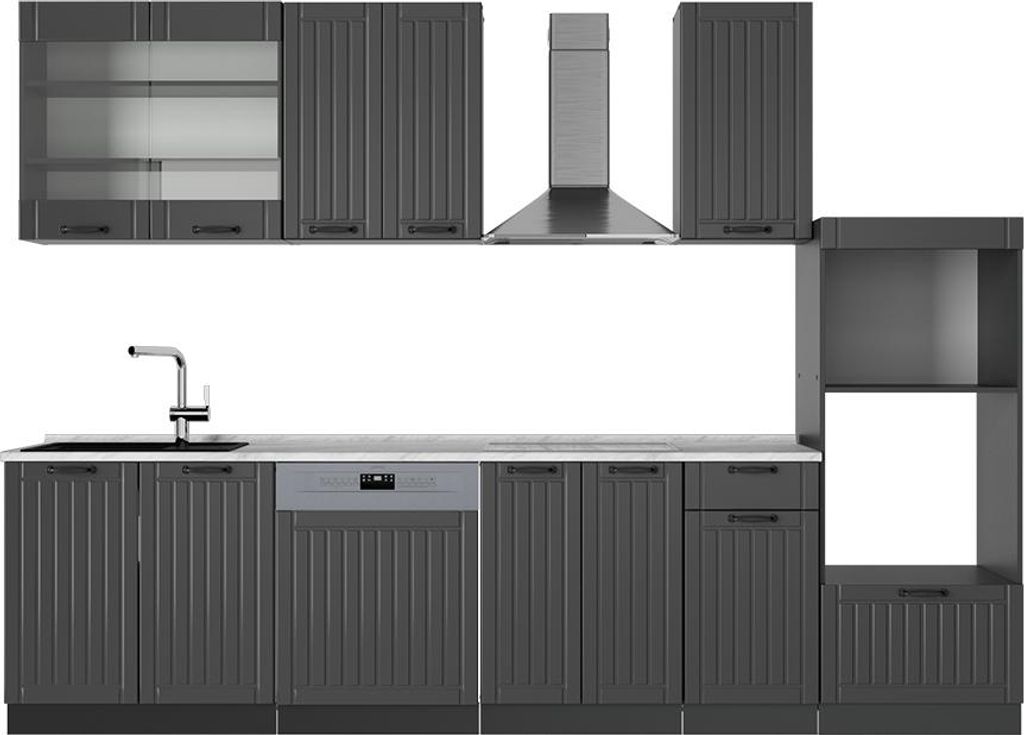 Küchenzeile Vicco Fame-Line Dunkelgrau 300 cm mit Hochschrank, AP Marmor, Model 57018