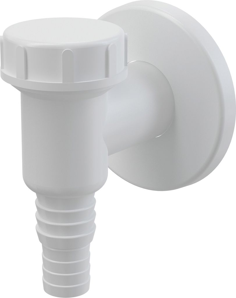 A white plastic drain fitting with a cap and a ribbed hose connection, mounted on a white circular base.